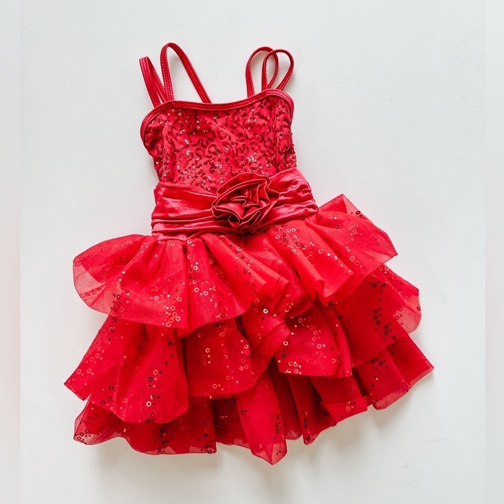 Dance/Figure Skating Dress - Red Sequin & Tulle Skirt - Rosette - Size 3-4T